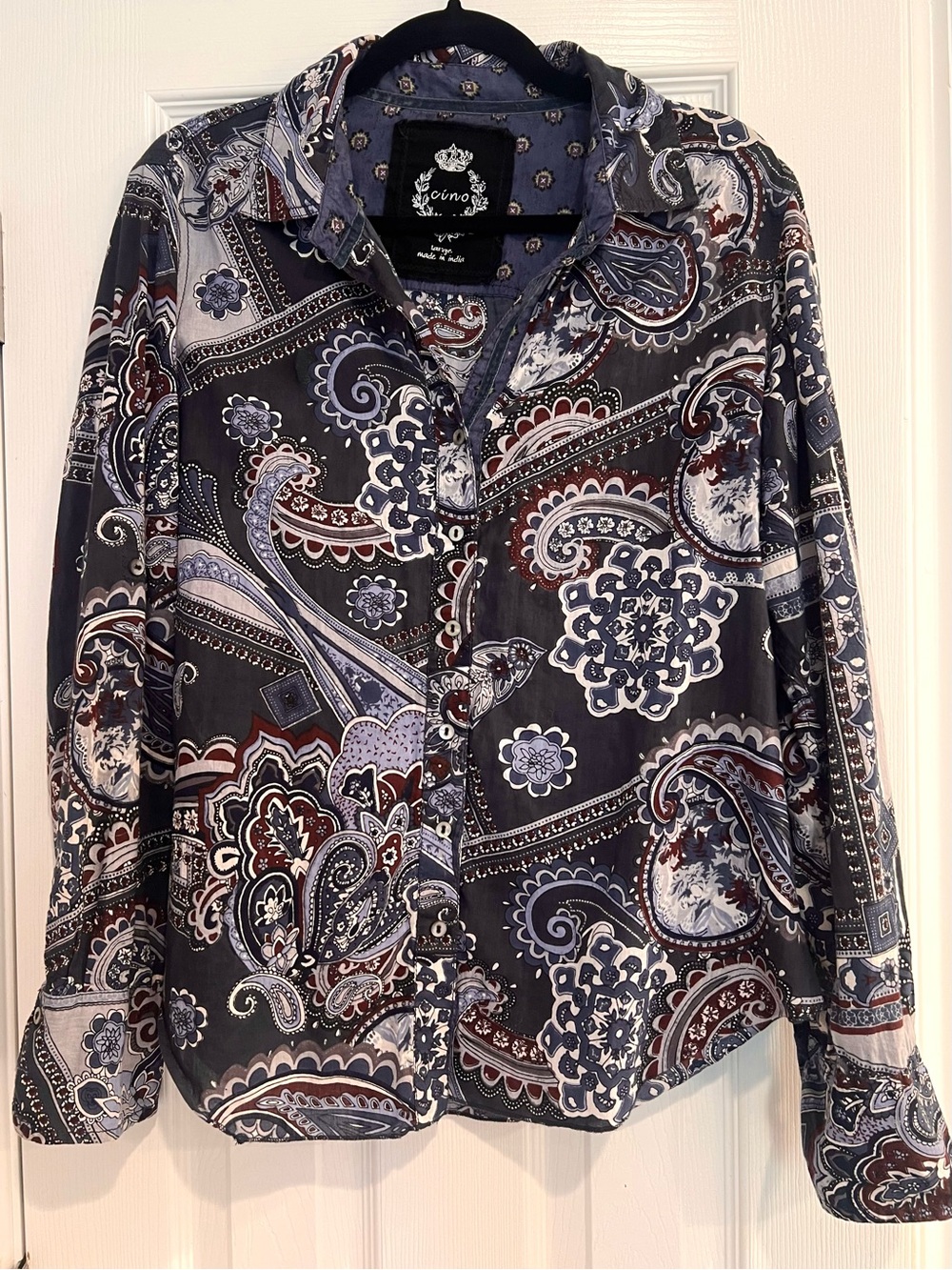 Cino 100% Cotton Charcoal Paisley Button-Down Shirt Top Navy Burgundy Women’s L
